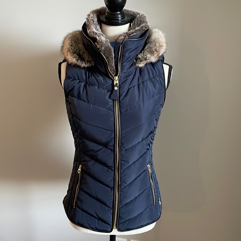 Joules Faux Fur Hooded Navy Maybury Puffer Vest Size 4